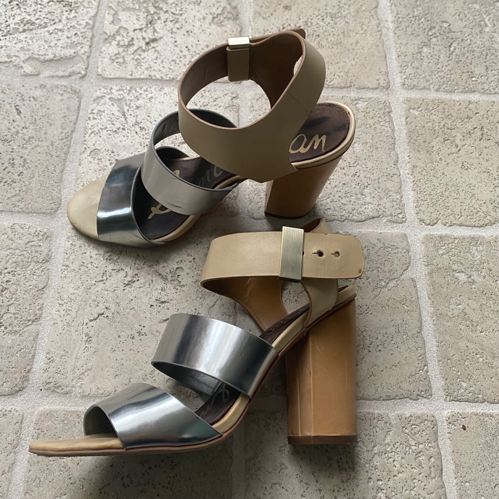 Sam Edelman high heel sandals silver and tan leather Size 10.